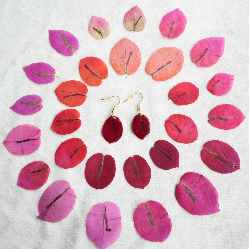 Bougainvillea real flowers leaves earrings resin