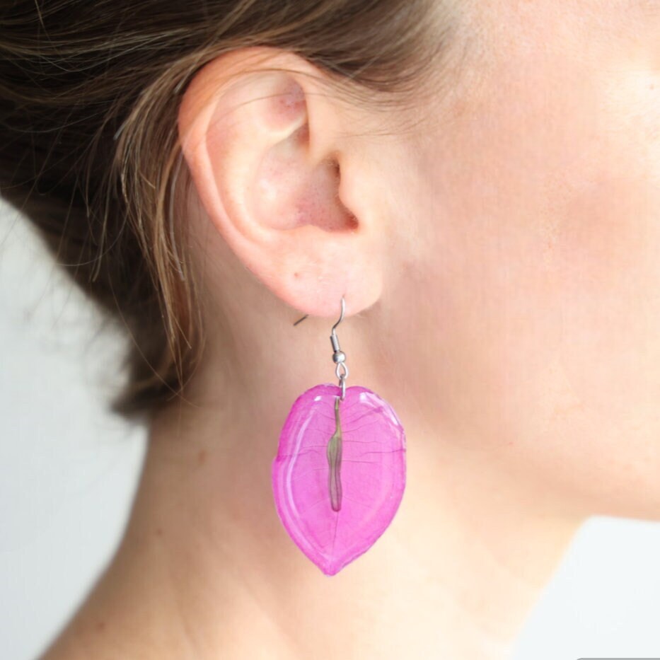 Bougainvillea real flowers leaves earrings resin