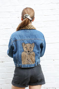 Designer Reworked Denim Jacket, Printed back and embroidery (in stock)