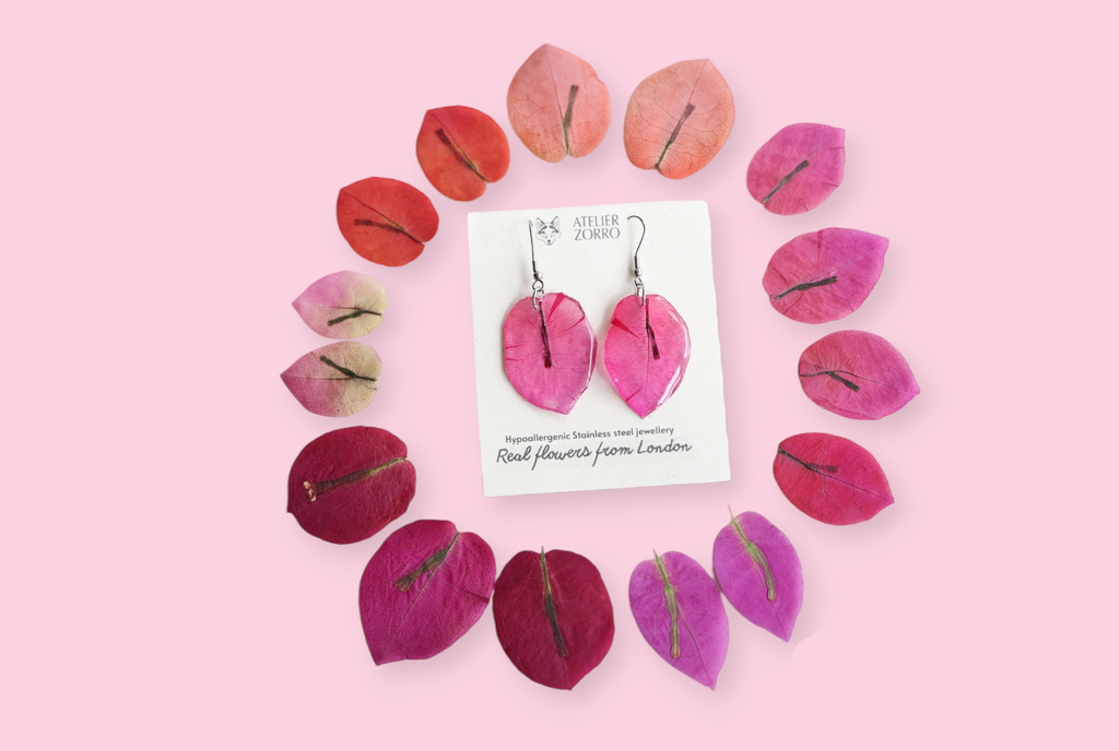 Bougainvillea real flowers leaves earrings resin